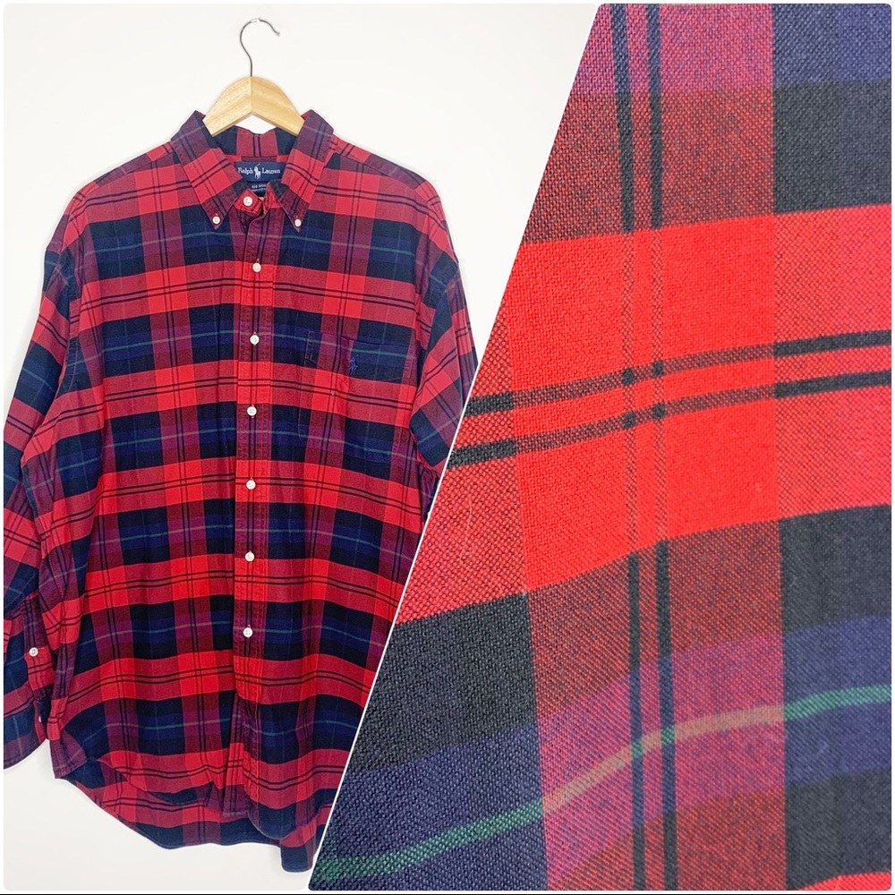 Ralph Lauren “THE BIG SHIRT” Red and Blue Plaid Casual Button Down Shirt